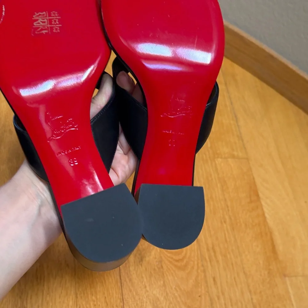 Christian Louboutin Black Leather Thong Mule Heels Red Sole 39 - Picture 6 of 7